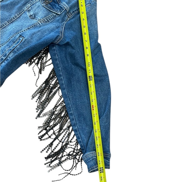 Torrid Denim Western Trucker Jacket with Rhinestone and Black Metallic Fringe 4 - Picture 9 of 14